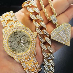 Hip Hop Choker 8 Miami Cubaanse Armband Kristal Strass Horloge Iced Out Geometrische Hanger Ketting Goud Kleur Sieraden Se295g