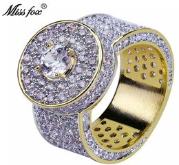 Hip hop clássico 18k anéis de ouro masculino espumante grande zircônia cúbica anel configuração de pino diamante completo micro pave masculino jóias 6649747