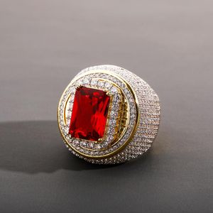 Hip-Hop classique couleur or plaqué Zircon cubique grande bague en pierre rouge personnalité mode hommes femmes bijoux amant cadeau