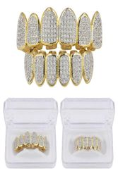 Hip Hop Classic Teeth Grills Golde Color Plated CZ Micro Pave Exclusive Top Bottom Gold Grillz Set7426526