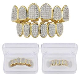 Hip Hop Classic Teeth Grills Golde Color Plated CZ Micro Pave Exclusive Top Bottom Gold Grillz Set241c