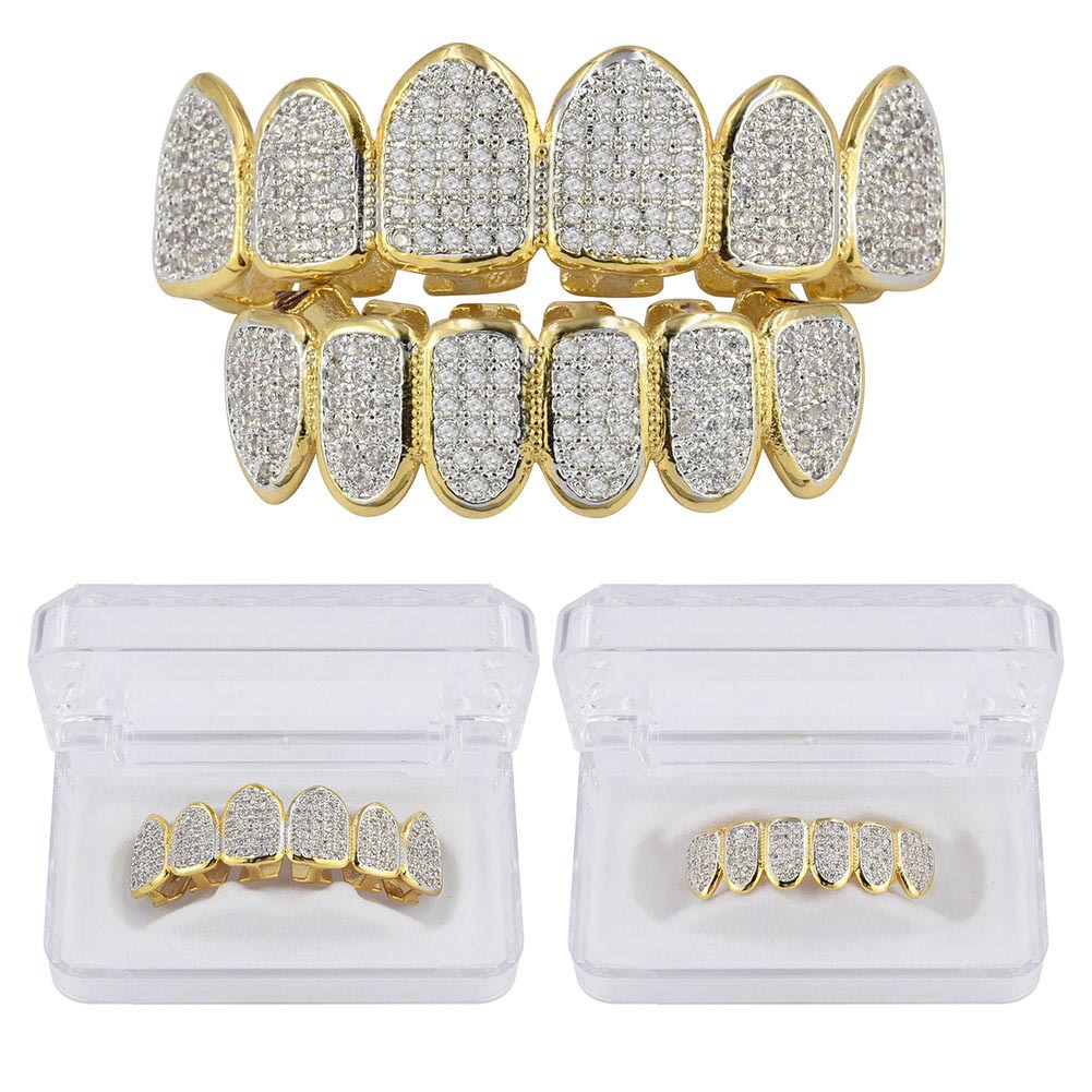 Conjunto de grelhas de dentes clássicas hip hop banhado a ouro CZ micropave exclusivo superior inferior conjunto de grelhas douradas