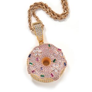 Collier pendentif beignet coloré Hip Hop, bijoux en Zircon plaqué or véritable 18 carats