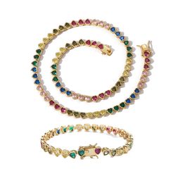 Conjunto de joyería de pulsera de collar de cadena de tenis con forma de corazón de amante colorido de Hip Hop