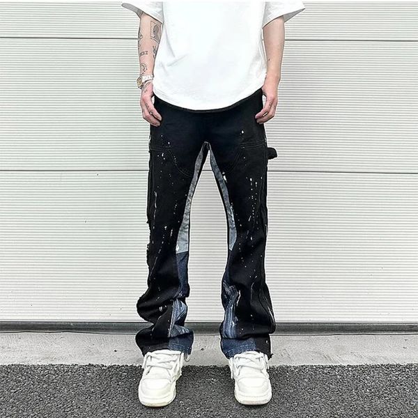 Hip Hop contraste couleur épissé tache encre pulvérisation Micro évasé jean pour hommes sac droit Y2K Denim pantalon surdimensionné Cargo 240117