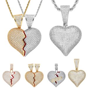 Hip hop Cuivre cubique Zircon Or 18 carats Coeur Collier ensemble de bijoux 60cm chaînes combinaison joint Coeurs pendentif diamant glacé colliers pour femmes hommes drop ship