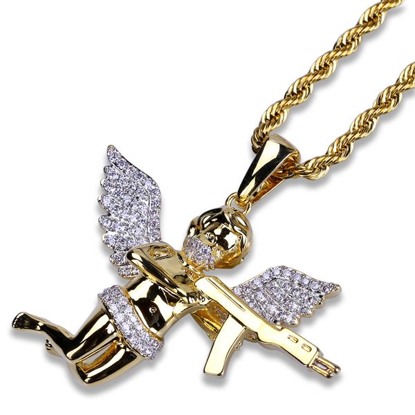 Hip Hop cuivre or argent couleur plaqué glacé Micro pavé CZ pierre ange aile pendentif collier pour hommes femmes