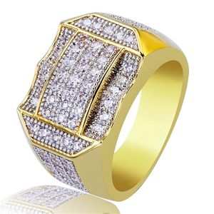 Hip Hop cuivre couleur or plaqué Micro pavé complet breloque en Zircon doigt or anneaux Bling bijoux pour MenWomen262C