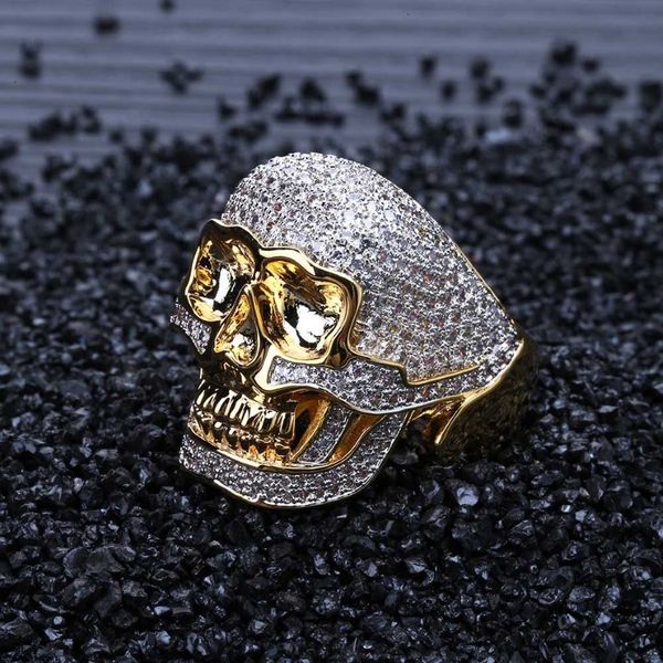 Anillo de calavera de dos tonos de cobre Hip Hop, anillo de moda Punk con microincrustaciones de circonita cúbica helada para hombres y mujeres, 240k