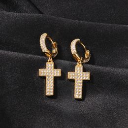 Hip Hop Cross Hoop Earring Full 5A Zirkon 18K Echte Gold Poled Religious Sieraden