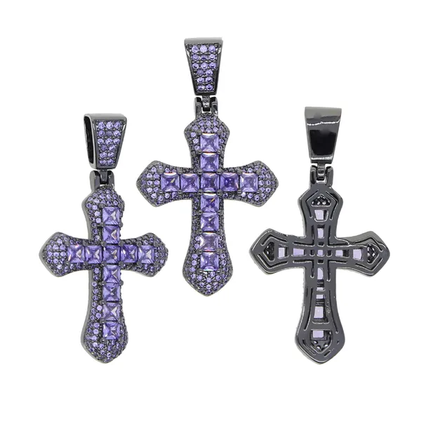 hip hop croix pendentif collier pavé violet cz pierre plaqué or noir avec corde chaîne pour femmes hommes dame fille garçon punk styles colliers bijoux cadeau