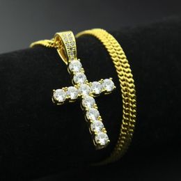 Collier pendentif croix Hip Hop avec chaîne de 60cm pour hommes et femmes, en cuivre glacé, Zircon cubique scintillant, bijoux pour hommes N340297S