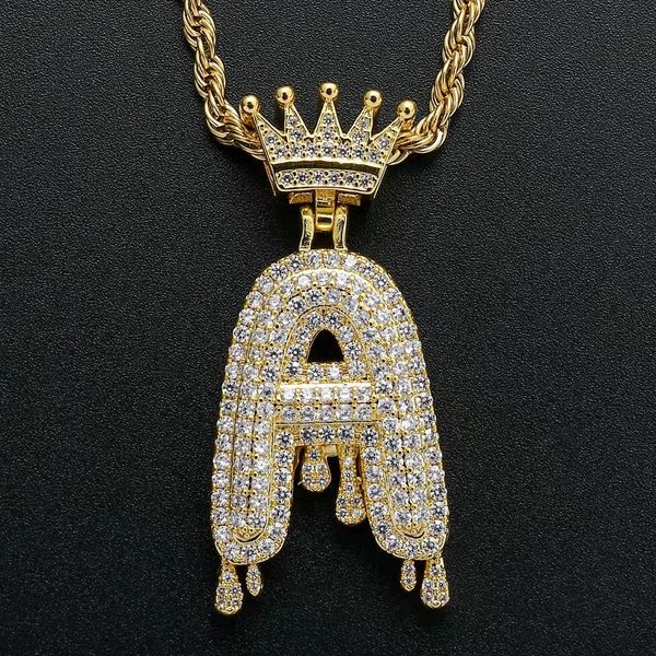 Hip Hop couronne goutte d'eau Art A-Z lettres pendentif collier Bling plein Zircon bijoux hommes femmes cadeau