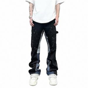 Hip Hop Ctrast Couleur Splice Peinture à l'encre mouchetée Micro Jeans évasés pour hommes Baggy droit Y2K Denim Pantalon surdimensionné Cargos x5x4 #