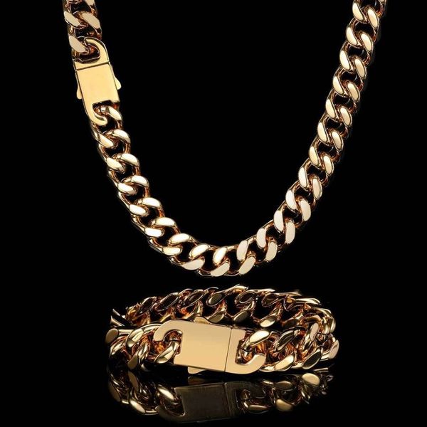 Collar de cadena de eslabones cubanos de Hip Hop, joyería de acero inoxidable chapada en oro real de 18 quilates para hombres, 6 mm, 8 mm, 10 mm, 12 mm, 14 mm, 16 mm320p