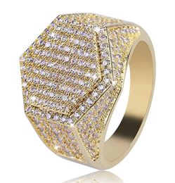 Hiphop kubus zeshoekige ring koper goud zilveren kleur vergulde ijs uit micro pave kubiek zirkoon voor mannen dames281O26502277151851