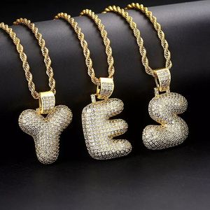 Hip Hop Cubic Zirconia A-Z 26 Lettres majuscules anglaises Collier pendentif avec chaîne en corde en acier inoxydable 18K Plaqué or véritable Diamant Lettre Colliers pour hommes femmes