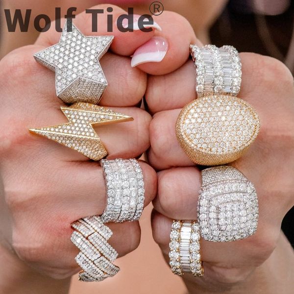 Hip Hop Zircon Cubique Pentagramme Bague Bande Hommes Glacé Or Bling Baguette Bagues en Diamant pour Femmes Hommes Petit Ami Mariage Esthétique Bijoux Bijoux Cadeaux