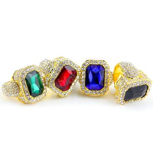 Hip Hop Cubic Zirconia Square Diamond Stone Rings Bling 18K Real Gold plaqué Men de doigt