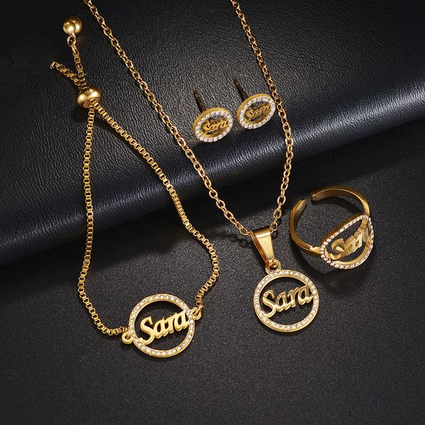 Hip Hop Letras personalizadas Nombre Pendientes colgantes Pulsera de anillo Juego de joyas de la madre Regalo