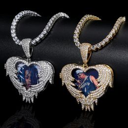 Hiphop aangepaste foto hanger ketting bling hartvorm flip deksel kan worden geopend