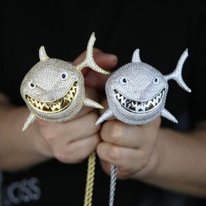 Hip Hop Cz pavé requin pendentif pour hommes femmes glacé Miami corde cubaine chaîne collier mode Cool bijoux