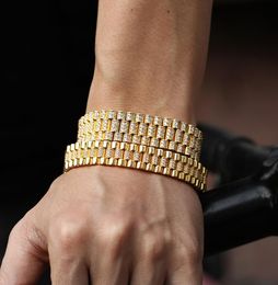 Hip Hop CZ Stone verharde bling iced out Watch Band Link Chain armbanden Bangle voor mannen rapper sieraden drop gold9445433