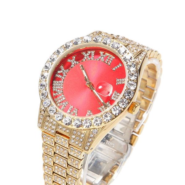 Hip Hop Designer chiffres romains diamant étanche montre pour hommes mode cadran vert cadran rouge Quartz lumineux Watch3421