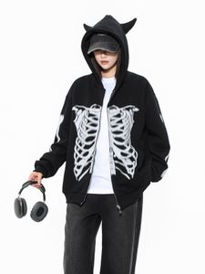 Hip Hop Duivel Hoorns Fleece Hoodie Jas Y2K Schedel Skelet Bone Print Punk Goth Hoody 2023 Harajuku Rits streetwear