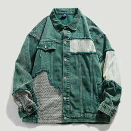 Hip Hop Distaded Denim Jacket Men Vintage Harajuku Patchwork Coats Coats Streetwear Casual Loose Varsity Jackets Unisex Green 240314