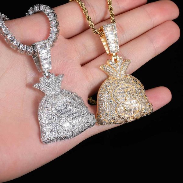 Hip Hop Dollar sac à main pendentif collier Bling Zircon 18K véritable plaqué or hommes femmes cadeau de noël