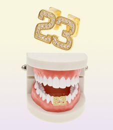 Hip Hop Double Teeth Grillz Iced Out CZ Kupfer Gold Silber Farbe plattiert Nummer 23 Top Tooth Dental Grills3291901