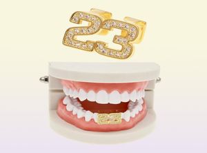 Hip Hop Dubbele Tanden Grillz Iced Out CZ Koper Goud Zilver Plated Nummer 23 Top tand Tandheelkundige Grills1319369