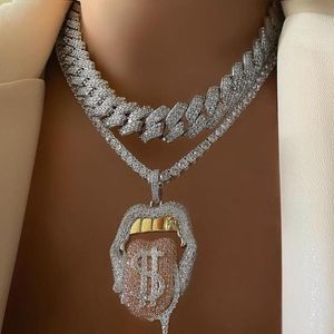 Hip Hop Drip Dollar Lip Necklace Sieraden Iced Bling CZ Cub Cubic Zirconia tong hanger tennisketen Holloween cadeau8638947