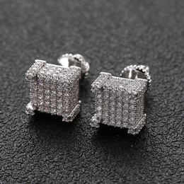 Boucles d'oreilles Hip Hop pour hommes, en argent doré glacé, clou carré avec vis à l'arrière, bijoux