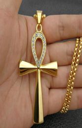 Hip Hop Ägypten Iced Out Bling Ankh Anhänger Halskette für Frauen und Männer Schlüssel des Lebens Edelstahl ägyptischer Schmuck5650720