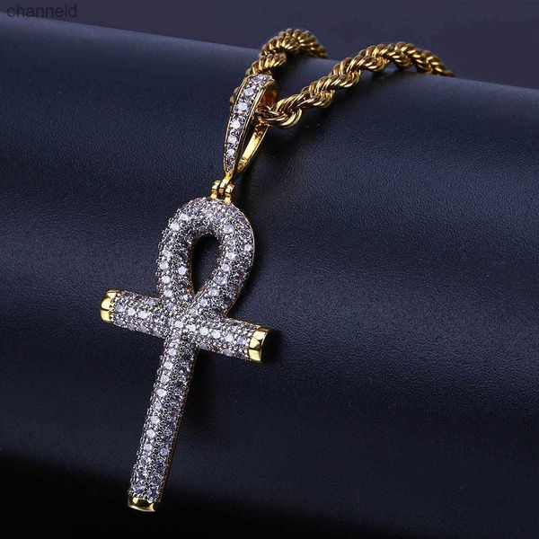 Hip Hop Egipcio Ankh Clave Cruz Colgante Collar Iced Out Oro Plata Color Plateado Micro Pavimentado Zircon Colgante Collar L230518