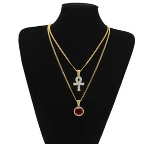 Hip Hop Egyptische Ankh Key of Life kettingen Sets voor herenvrouwen rond Ruby Iced Gold Silver Pendant Cuban Chains Jewelry238R2335260