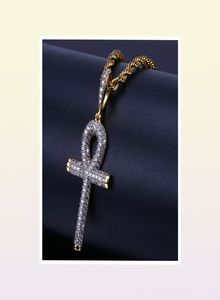 Hip Hop égyptien Ankh clé pendentif collier glacé or argent couleur plaqué Micro pavé Zircon pendentif collier 1361712