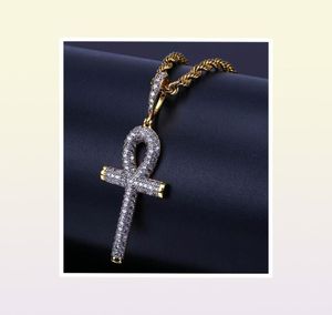 Hip Hop Egyptische Ankh Key Pendant ketting Iced Out Gold Silver Color Gepated Micro verhard zirkoon hanger ketting2104466