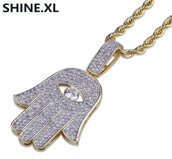 Hip Hop Evil Eye Hand Hamsa Pendant Collier Womens Gold Couleur plaquée Iced Out Micro pavé CZ Chain2577230