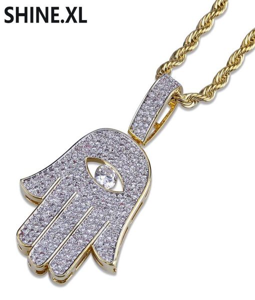 Hip Hop mauvais œil main Hamsa pendentif collier femmes couleur or plaqué glacé Micro pavé CZ chaîne 2305049