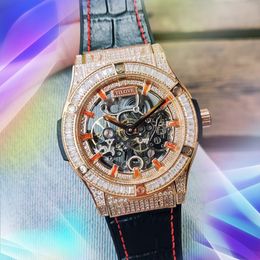 Hip Hop Fashion Trend Herrenuhr Importiertes mechanisches Uhrwerk Lederarmband Wasserdichte Uhr Koreanisches Diamantgehäuse Edelstahl-Armbanduhr