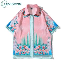 Hip Hop Floral Pink Holiday Beach Shirts pour hommes et femmes Matières minces d'été Blans à manches courtes Tops Y2K Streetwear Clothes 240430