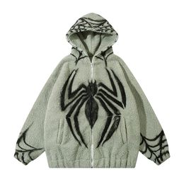 Hip Hop Fluffy Hooded Jacket Streetwear Spider Wed Print Full Rits Up Teddy Coats 2023 Harajuku Dikke Warm Fuzzy Fleece Jackets