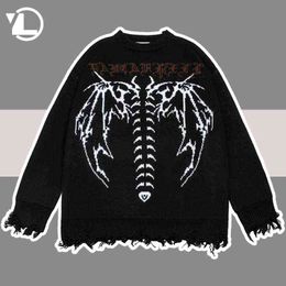 Hip Hop Frayed gebreide trui mannen brief vleermuis skeletprint gotische pullover dames herfst harajuku streetwear punk warme truien t220730