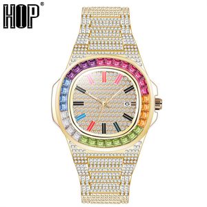 Hiphop full 1row iced out fashion luxe datum quartz polshorloges roestvrij stalen horloge voor vrouwen mannen sieraden cadeau