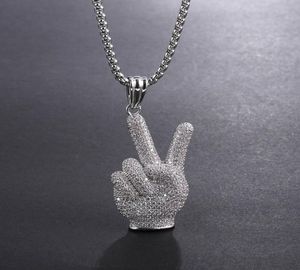 Hiphop vol een CZ stenen verharde bling ijs uit overwinning gebaar hangers ketting voor mannen rapper sieraden zilveren kleur6610033