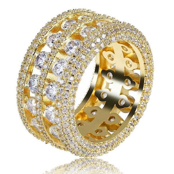 Bagues hip hop en diamants complets avec pierres latérales pour hommes bague en cristal de luxe western offre spéciale bijoux en cuivre plaqué or 18 carats