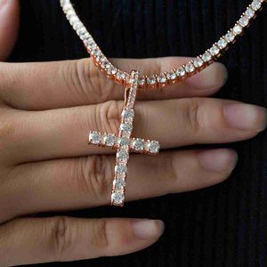 Hip Hop vol Iced Out Sterling Silver 3mm Moissanite Cross Pendant Tennis Necklace Set